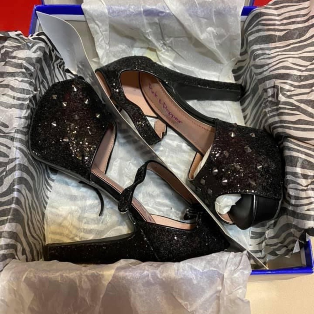 Pink and pepper black platform heels - Picture 2 of 5
